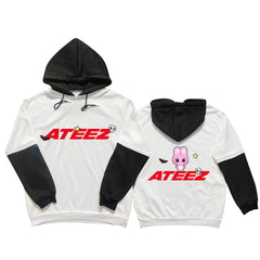 KPOP Character Logo Print Black and White Sleeve Hoodie