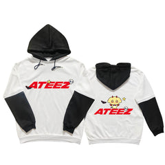 KPOP Character Logo Print Black and White Sleeve Hoodie