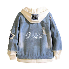 Unisex Versatile Kpop Logo Print Fake Two Piece Denim Jacket