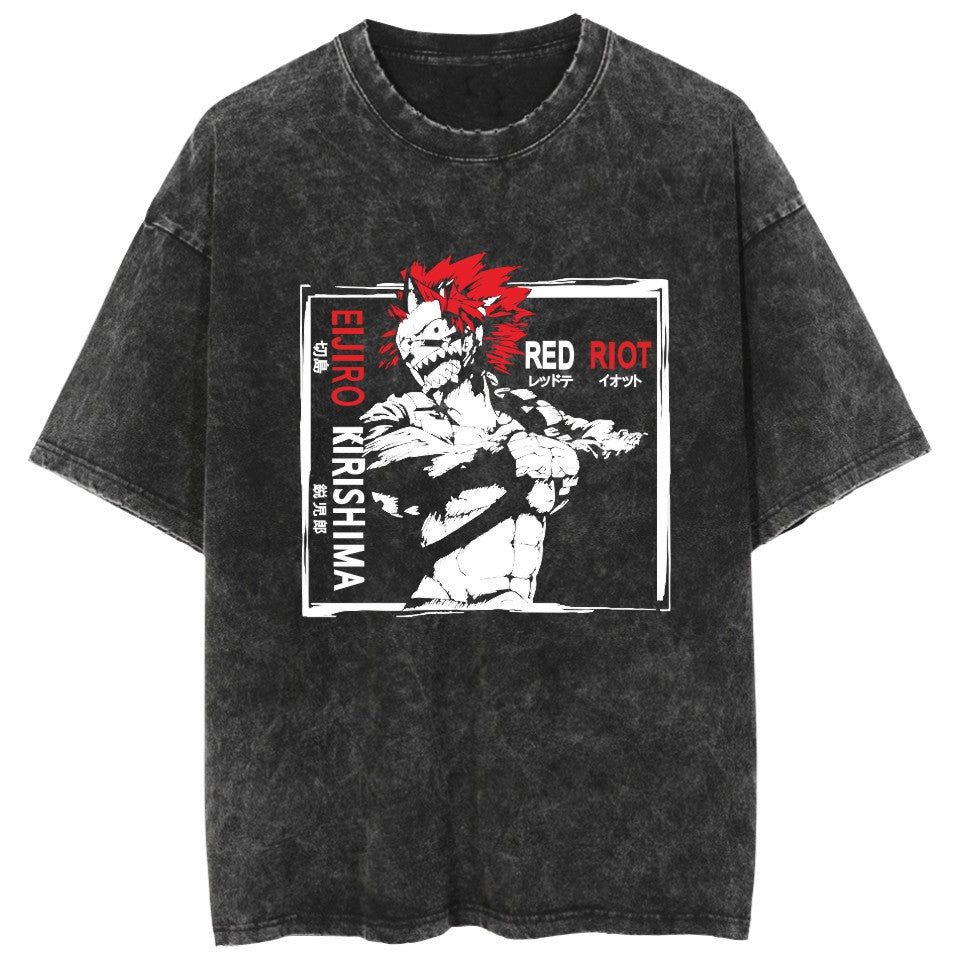 Trendy Anime Pattern Crew Neck Washed T-Shirt