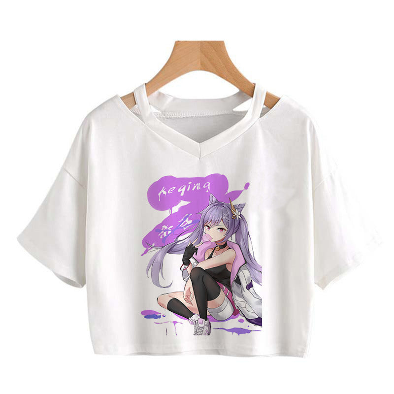 Cute Girls Hutao Game Print Cropped T-shirt