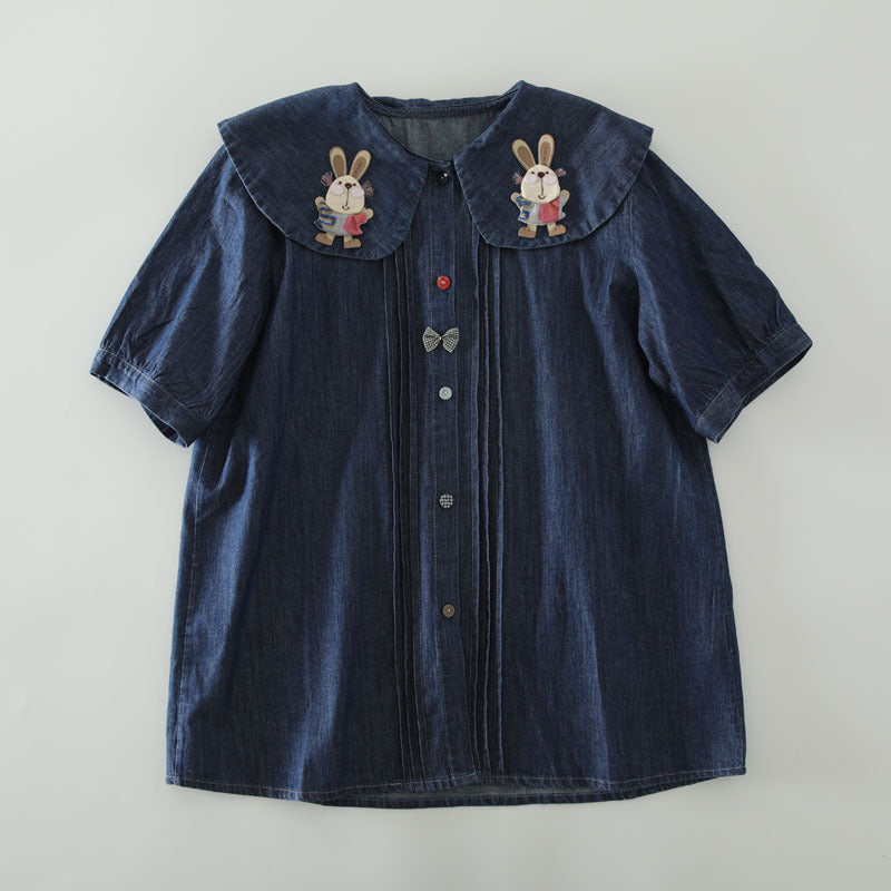 Cute Rabbit Embroidered Doll Collar Washed Denim Short Sleeved Shirt