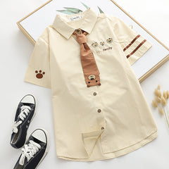 Japanese Style Bear Embroidered Loose Short-sleeved Shirt