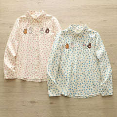 Women's Cartoon Cat Embroidered Polka Dots Shirt