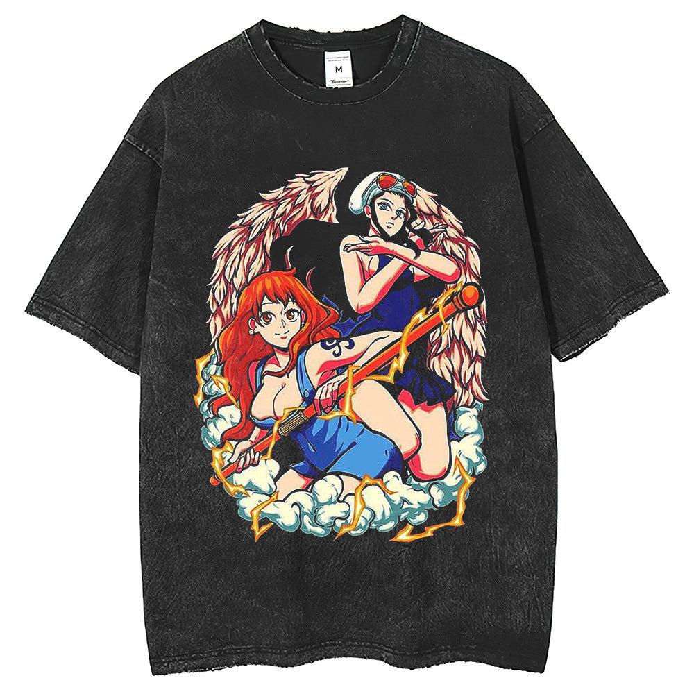 Retro Style Unisex Washed Anime Print T-shirt