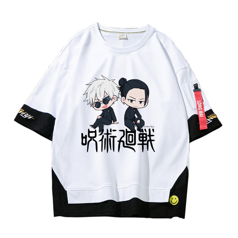 Unisex Anime Fake Two Short-sleeved Loose T-shirt