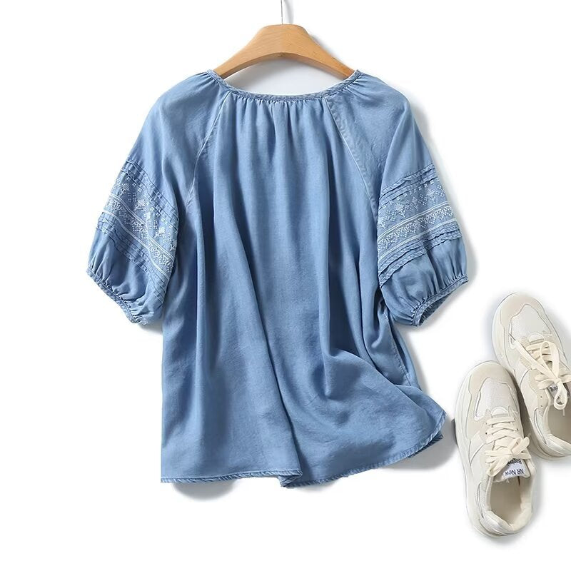 Women's Fringed Lace-up Ethnic Embroidered Denim Blouse