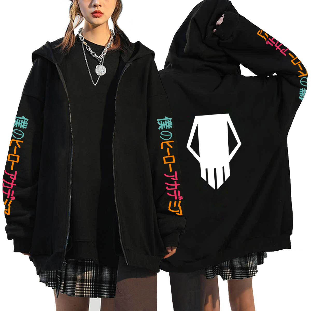 Unisex Trendy Anime Printed Black Zipper Hoodie