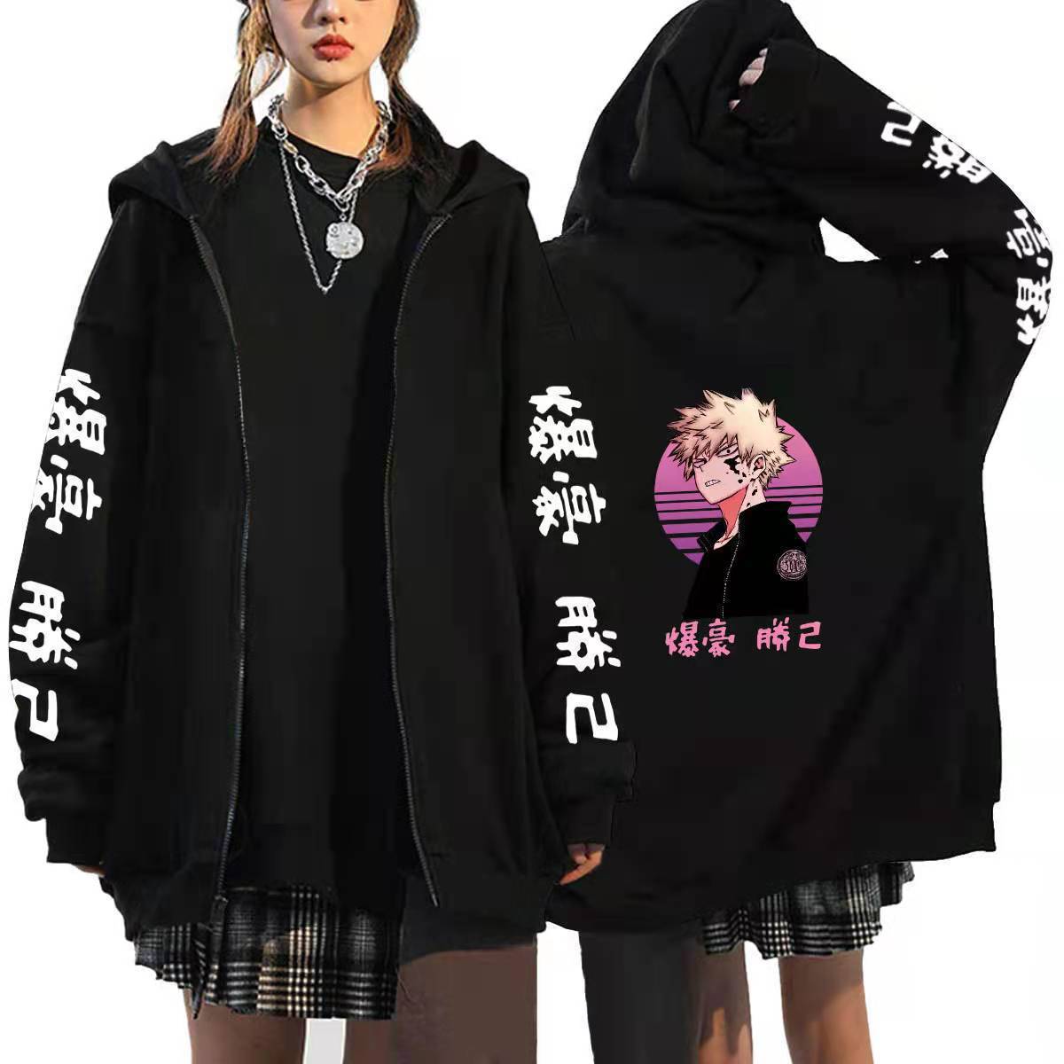 Unisex Anime Printed Black Zipper Loose Hoodie