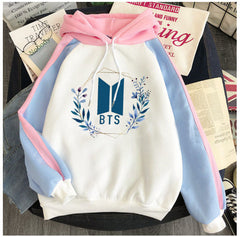 Cartoon Kpop Letter Print Color Block Hoodie