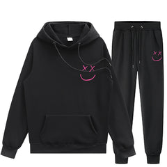 Unisex Smiley Face Print Pullover Hoodie Trendy Sweatpants Set