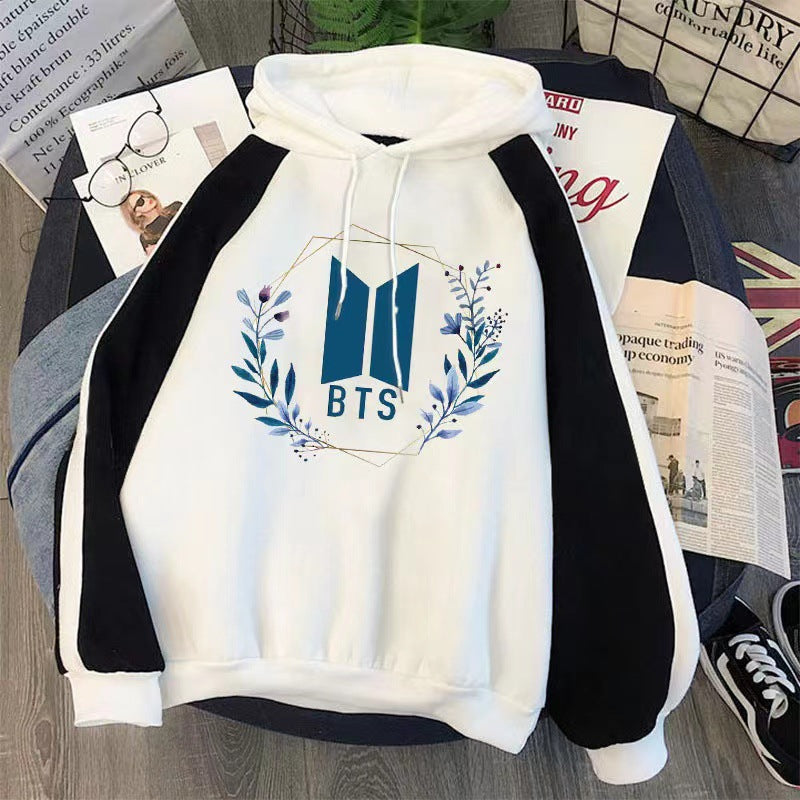 Cartoon Kpop Letter Print Color Block Hoodie