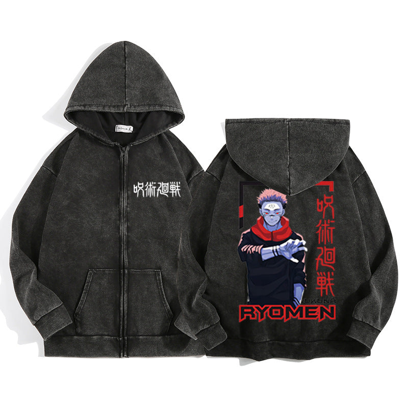 Unisex Anime Printed Washed Casual Zipper Hoodie