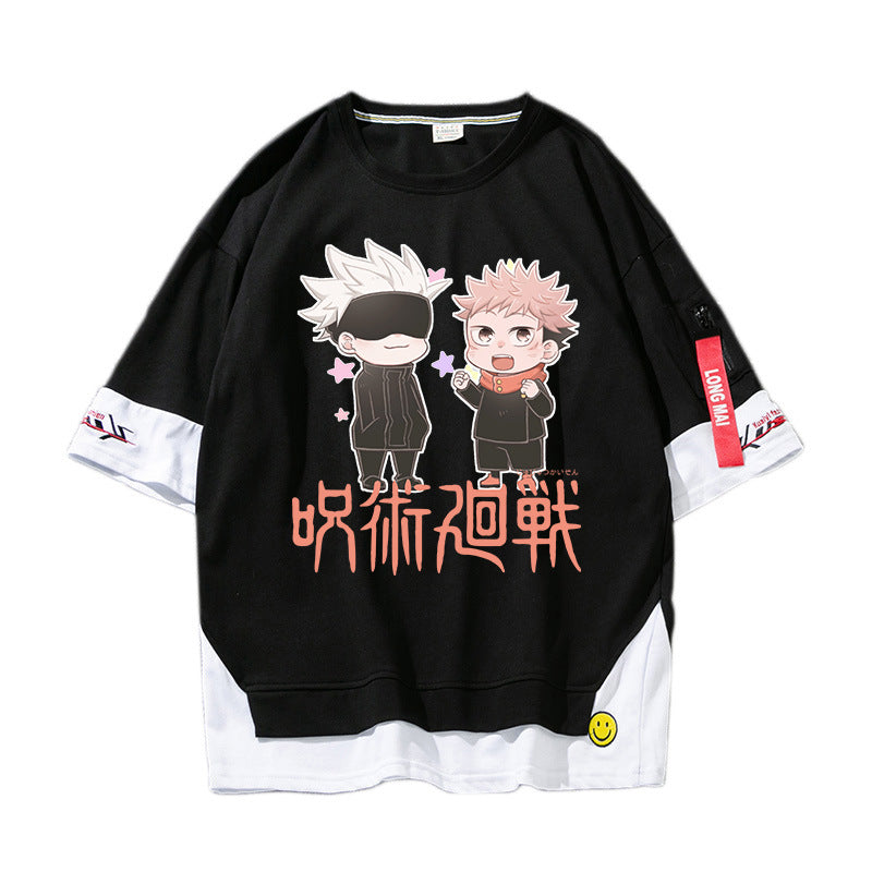 Unisex Anime Fake Two Short-sleeved Casual T-shirt