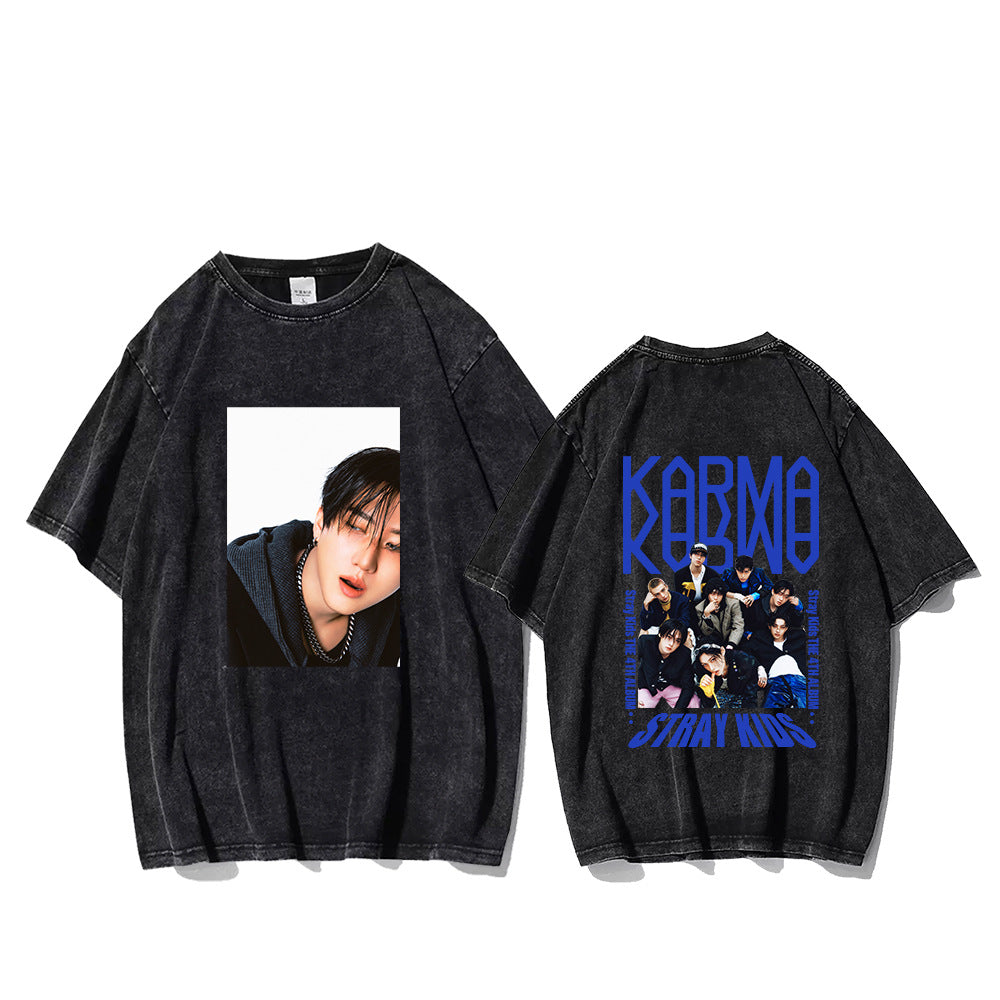 KPOP KARMA Character LOGO Printed Washed T-shirt