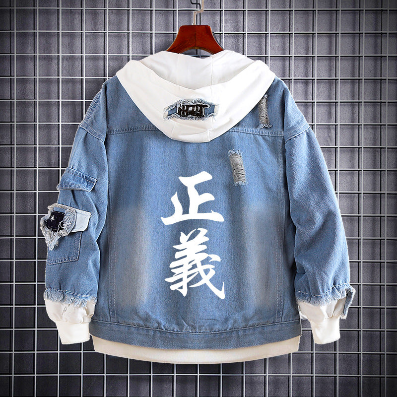 Unisex Luffy Graphic Print Hooded Denim Jacket