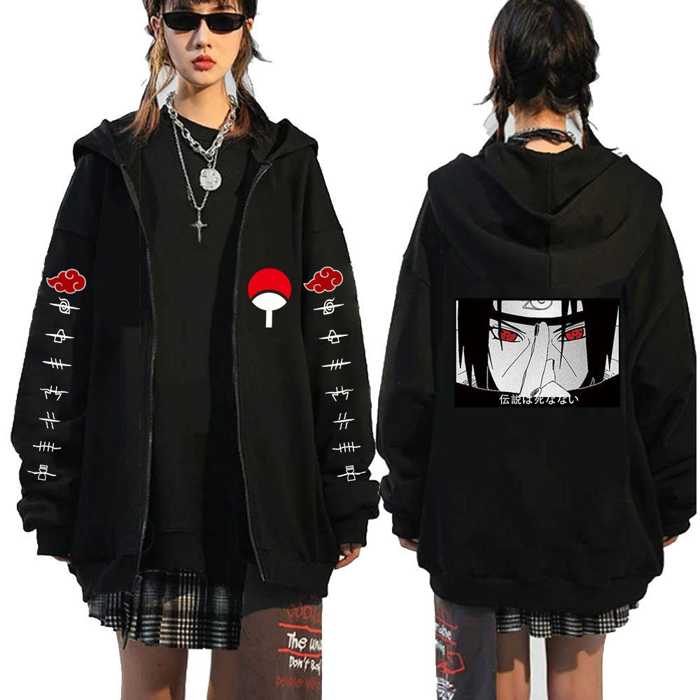 Unisex Anime Logo Printed Black Zipper Hoodie