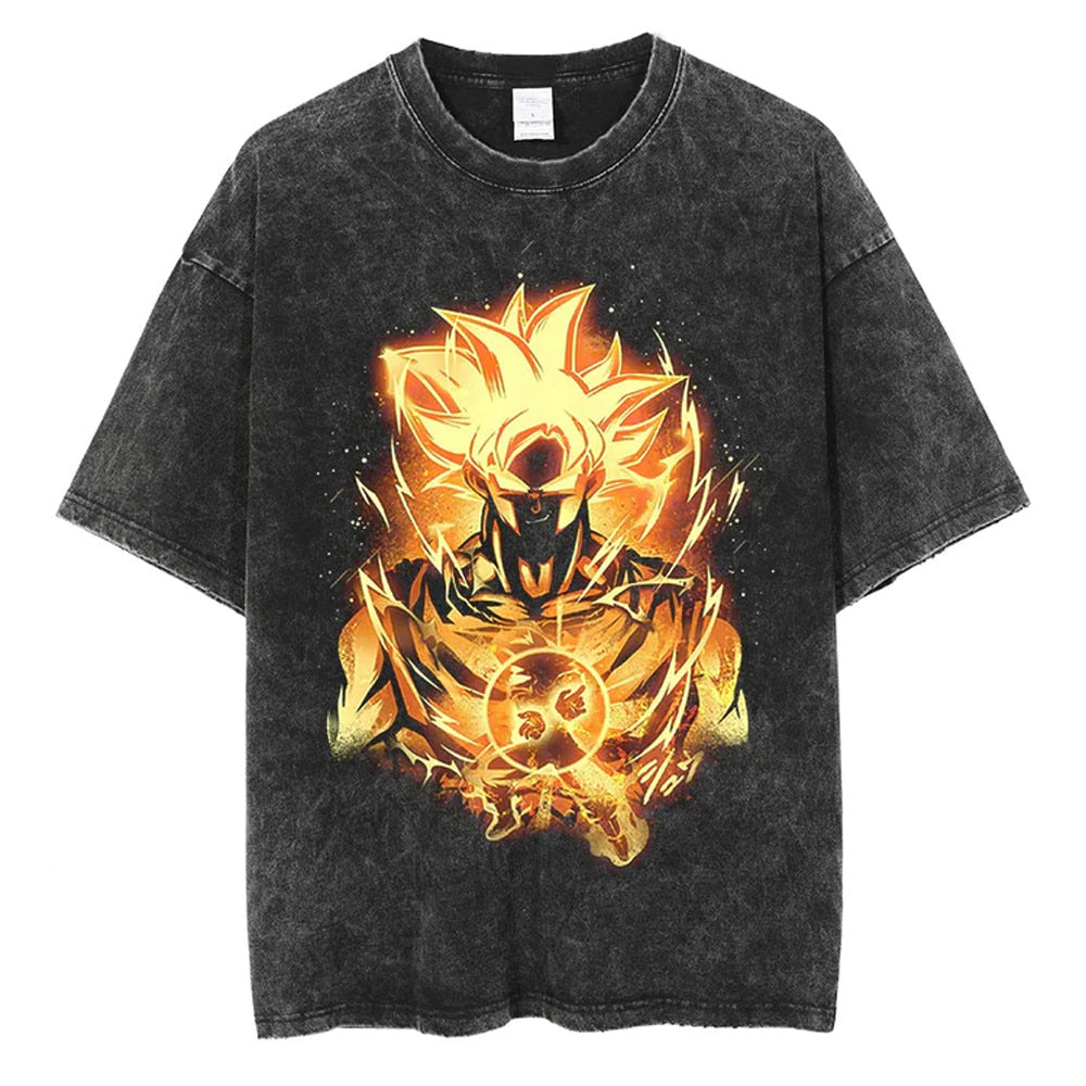 Vintage Washed Anime Print Casual T-shirt