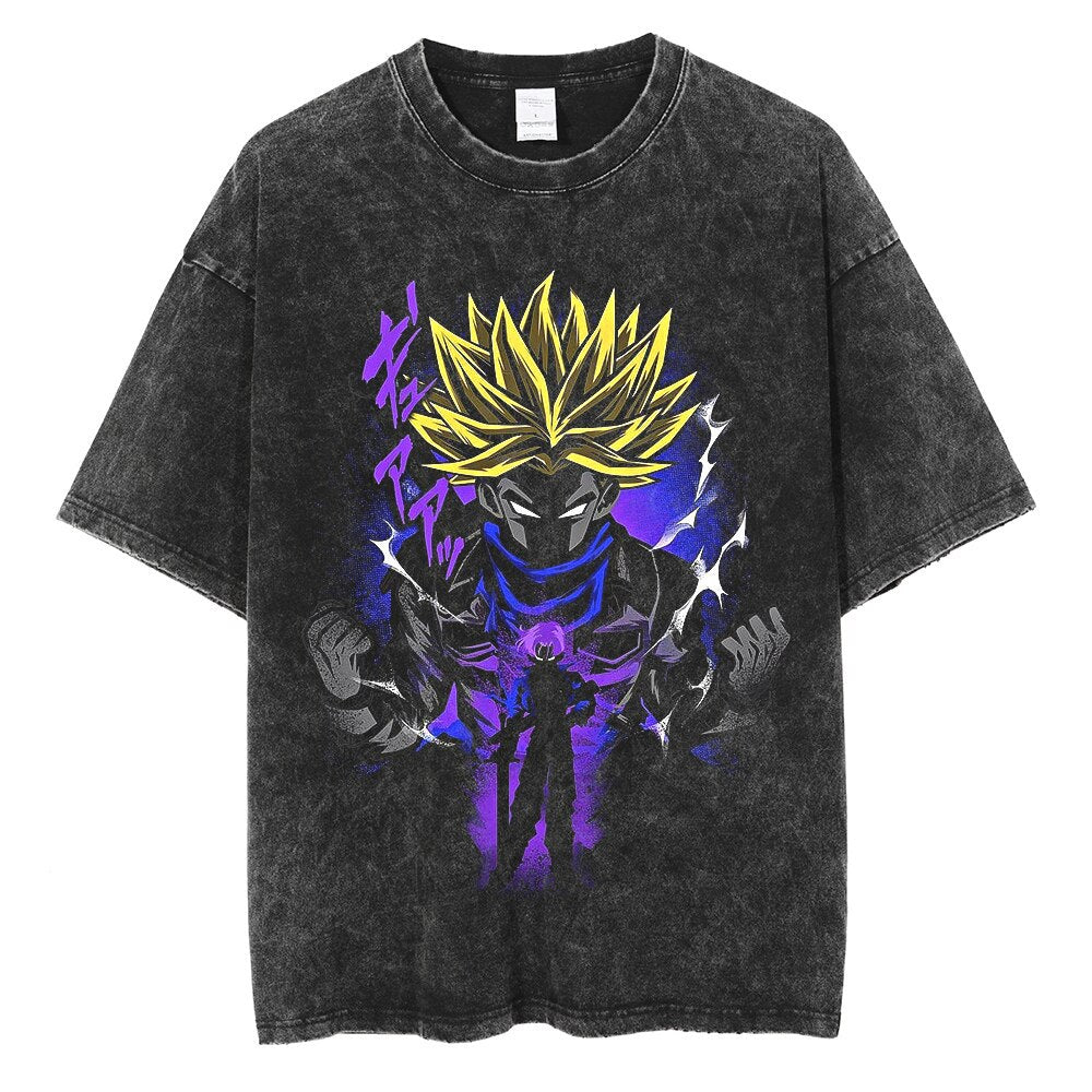 Vintage Washed Anime Print Casual T-shirt