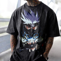 Unisex Washed Anime Graphic Loose T-shirt