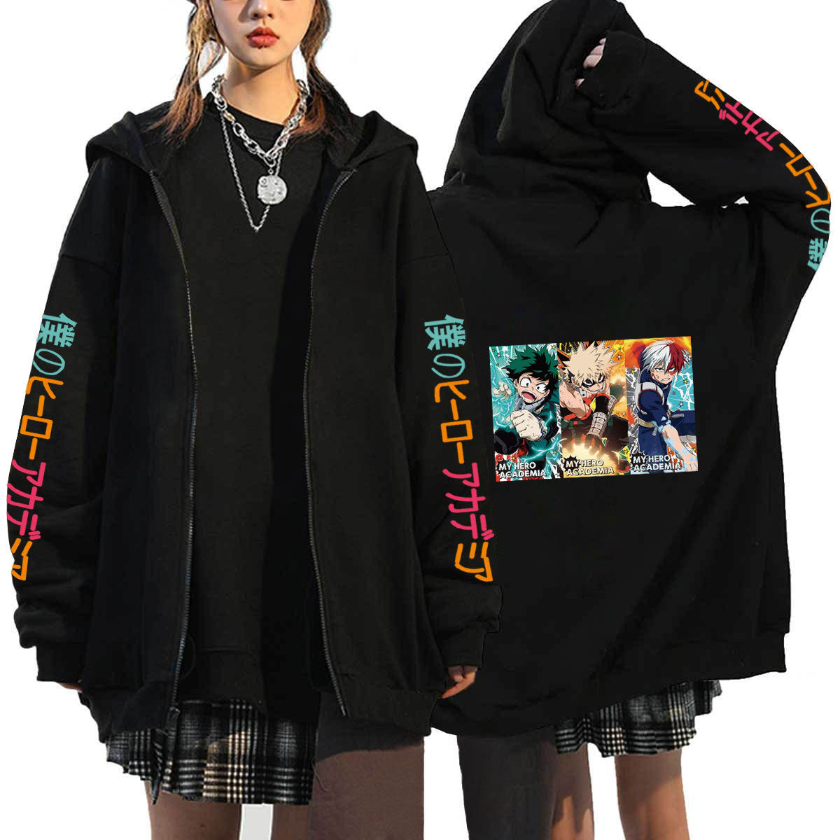 Unisex Trendy Anime Printed Black Zipper Hoodie