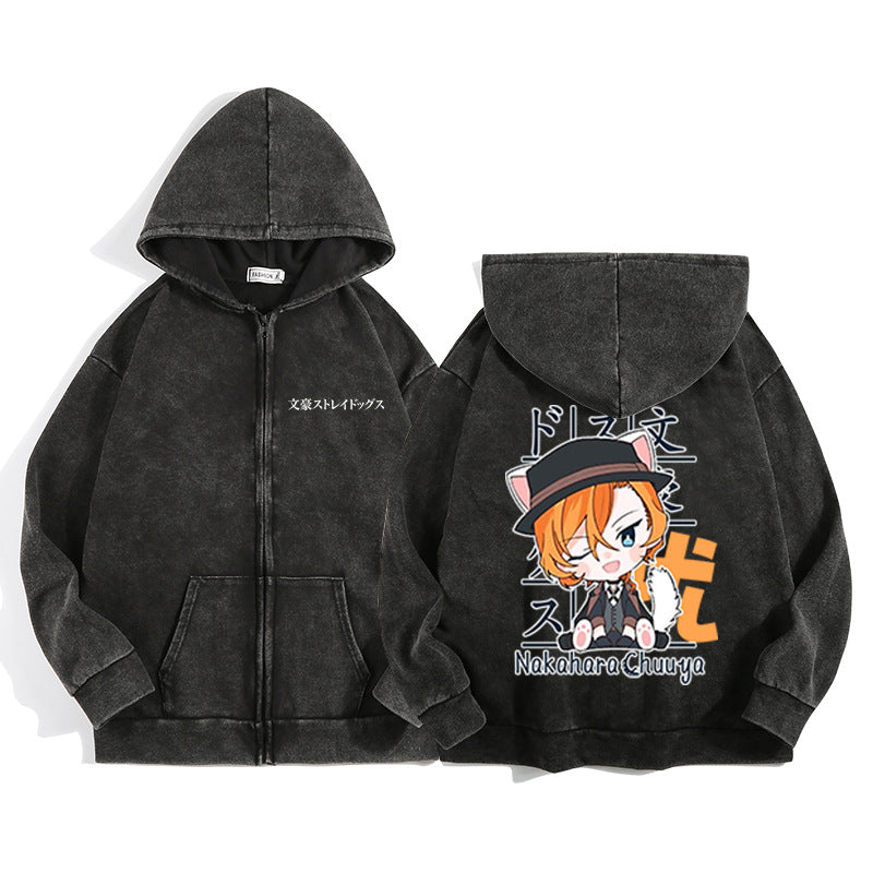 Vintage Anime Black Zipper Hoodie