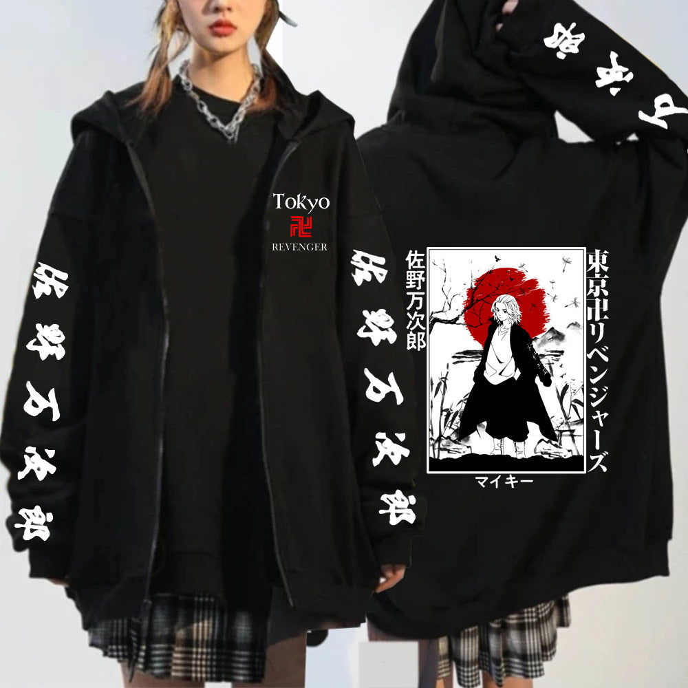 Unisex Anime Print Zip Up Hooded Cardigan