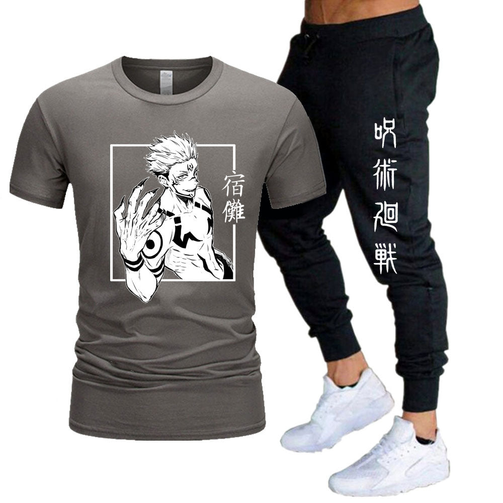 Men's Anime Printed T-shirt Sports Pants Set