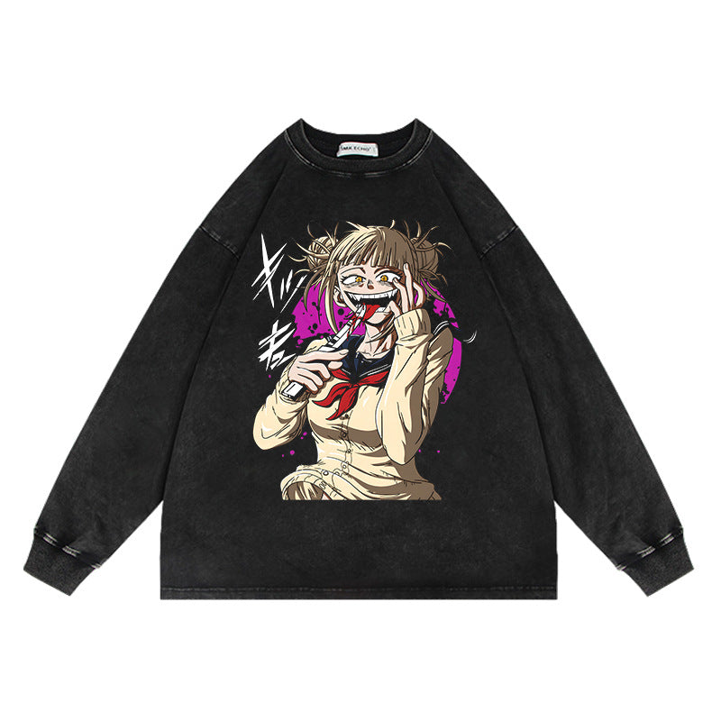 Trendy Anime Washed Long-sleeved Crew Neck Sweatshirt