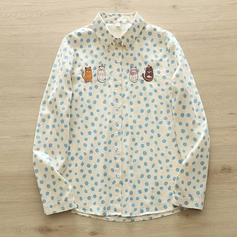 Women's Cartoon Cat Embroidered Polka Dots Shirt