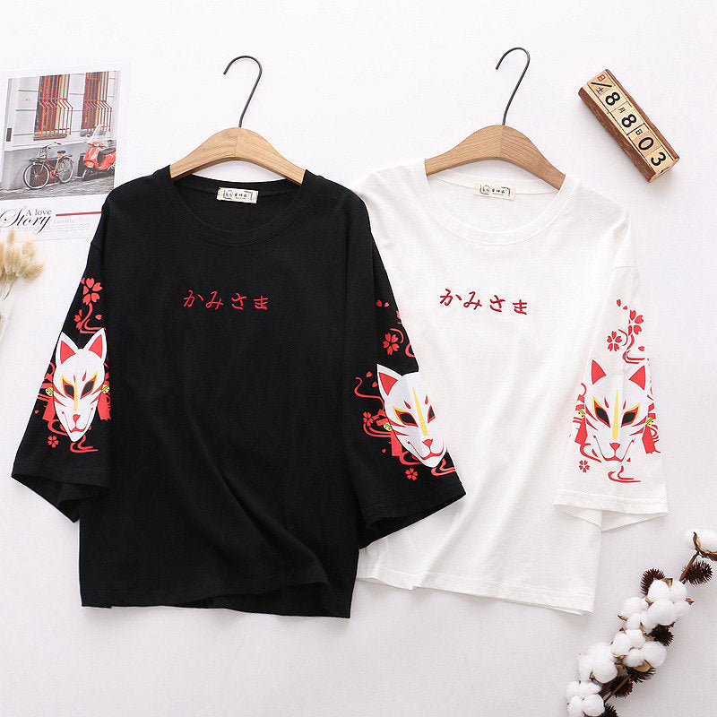 Japanese Letter Embroidery Cartoon Fox Three-quarter Sleeve T-shirt