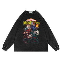 Trendy Anime Washed Long-sleeved Crew Neck Sweatshirt