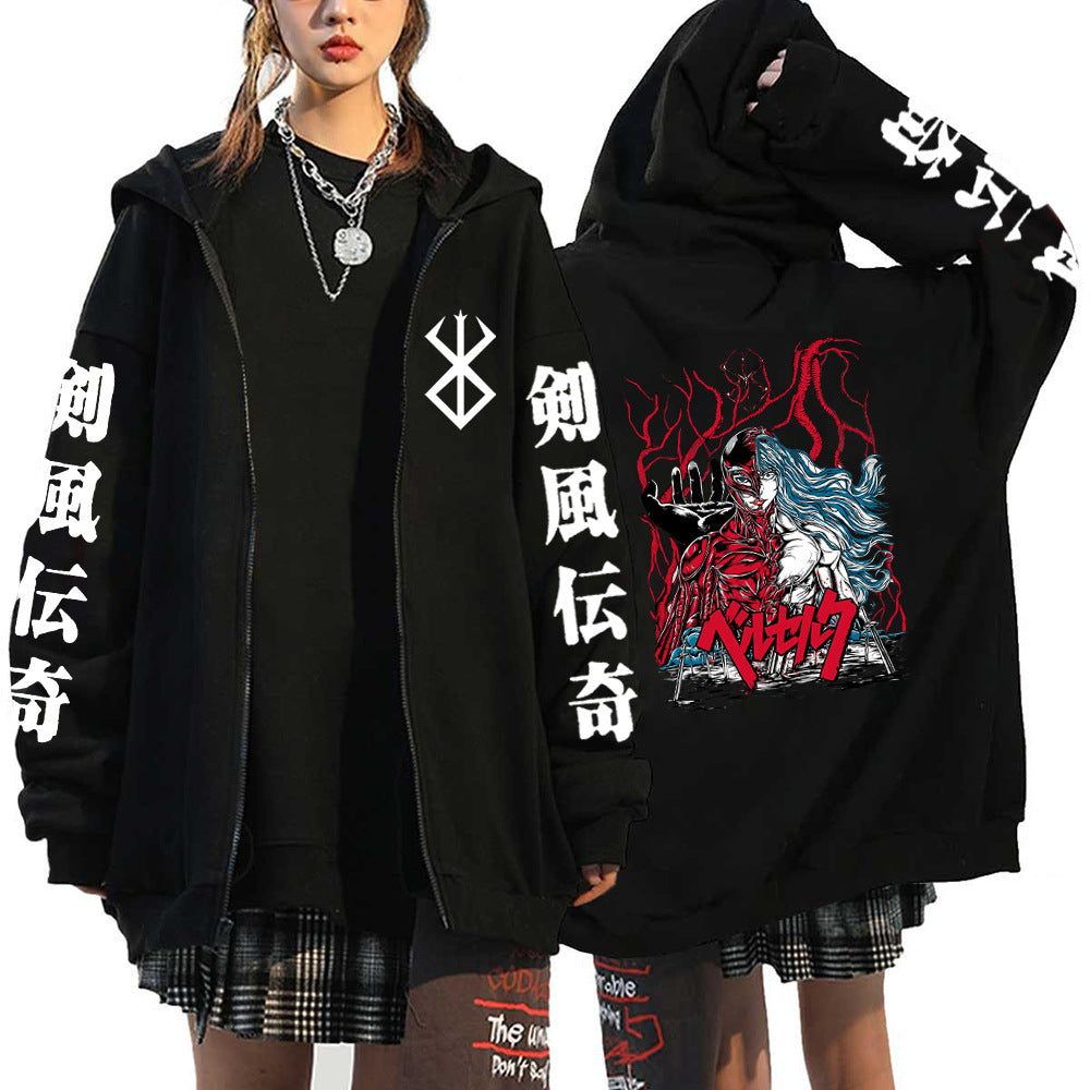 Unisex Anime Printed Black Zipper Hoodie