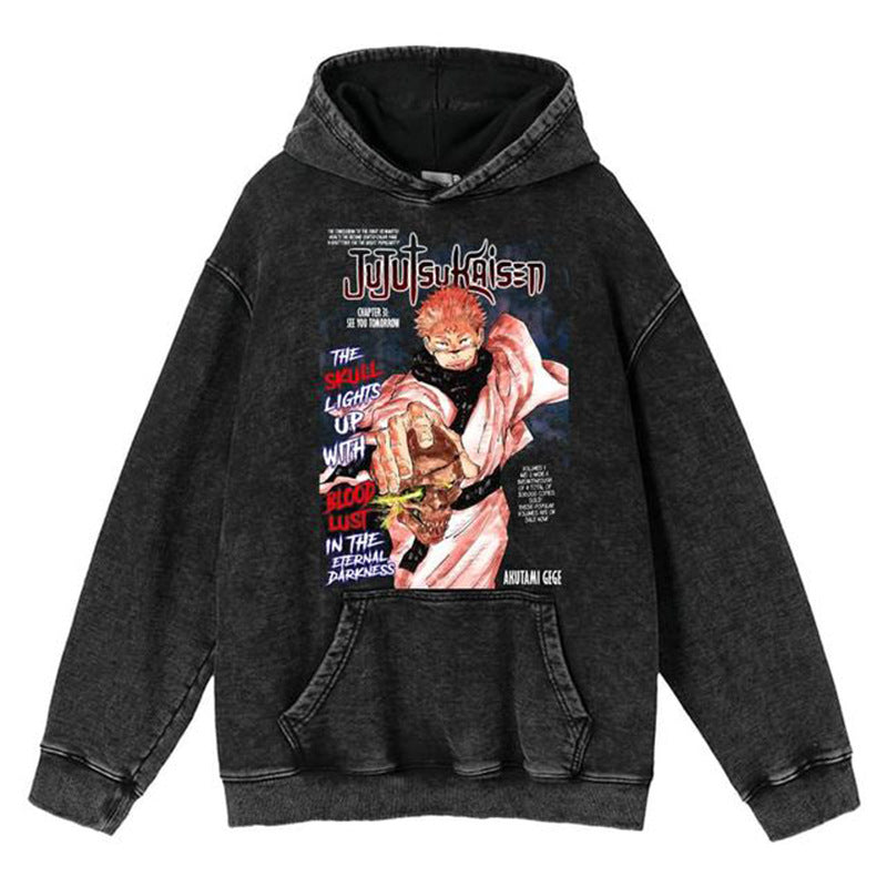 Unisex Vintage Washed Anime Printed Loose Hoodie