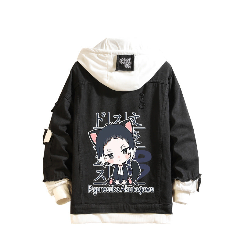 Casual Anime Print Hooded Denim Jacket