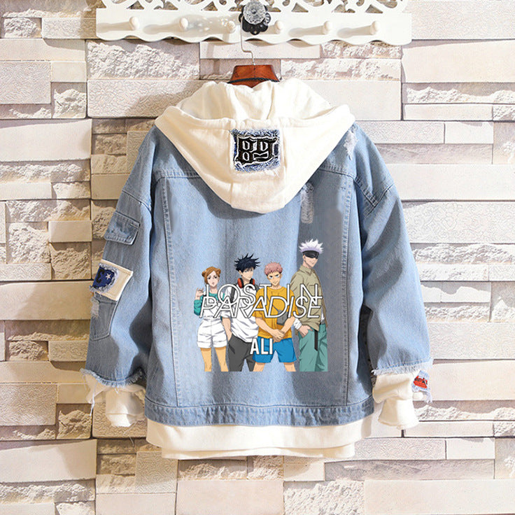 Trendy Anime Printed Unisex Hooded Denim Jacket