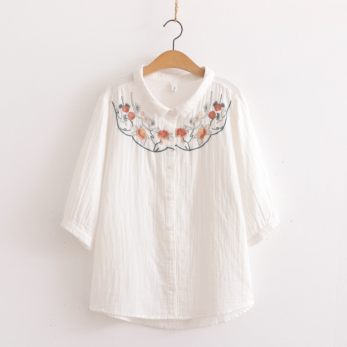 Japanese Mori Flower Embroidered Cotton Shirt
