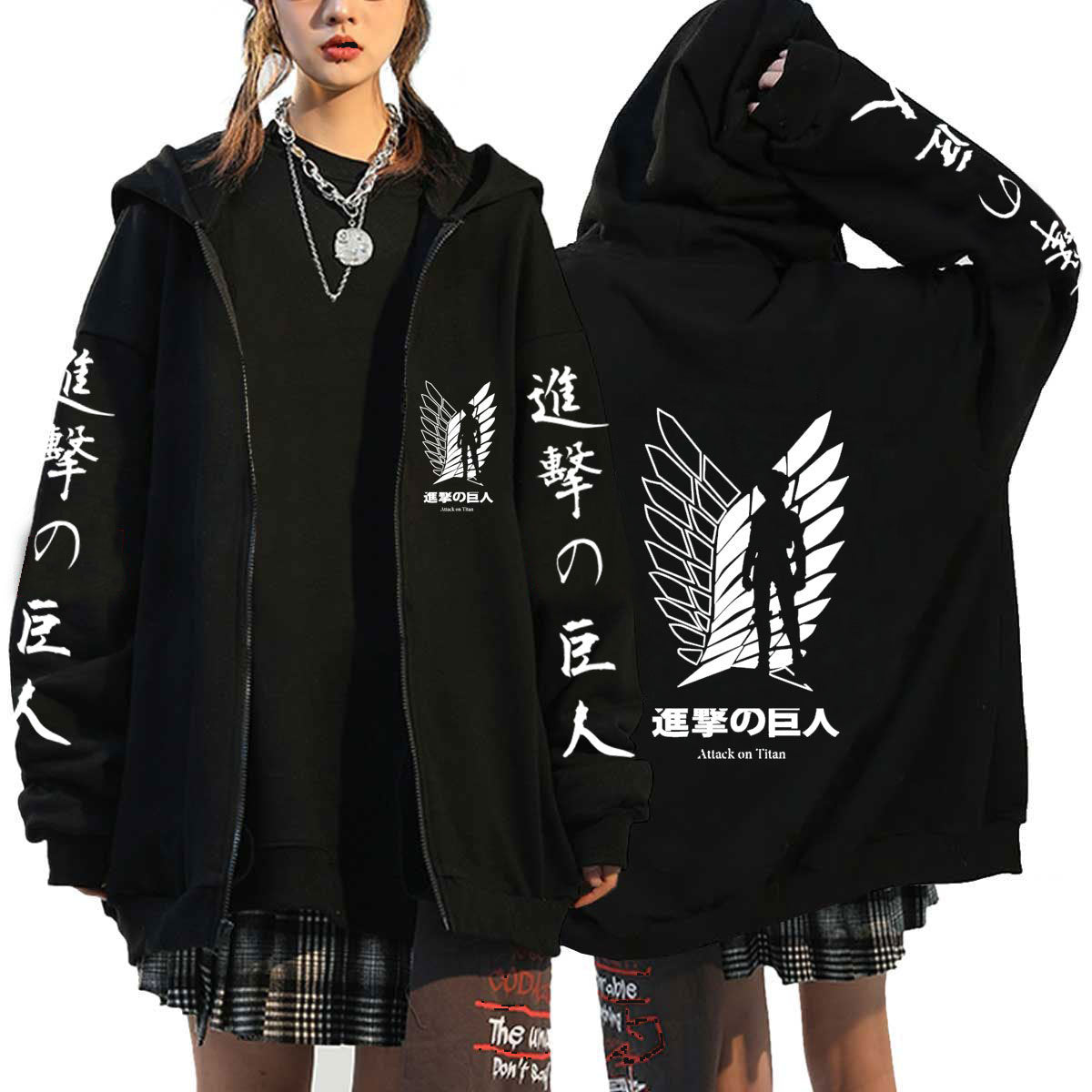 Unisex Anime Wings Print Zipper Black Hoodie