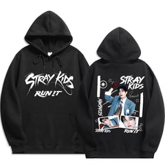 SKZ RUN IT Graphic Printed Black Hoodie