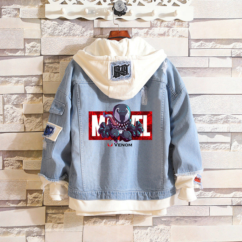 Unisex Trendy Comic Spider Denim Hooded Coat