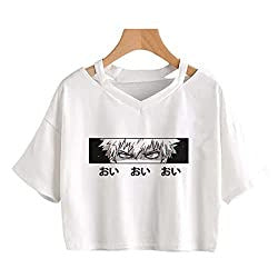 Trendy Women's V-Neck Anime Short Sleeve Crop Tee