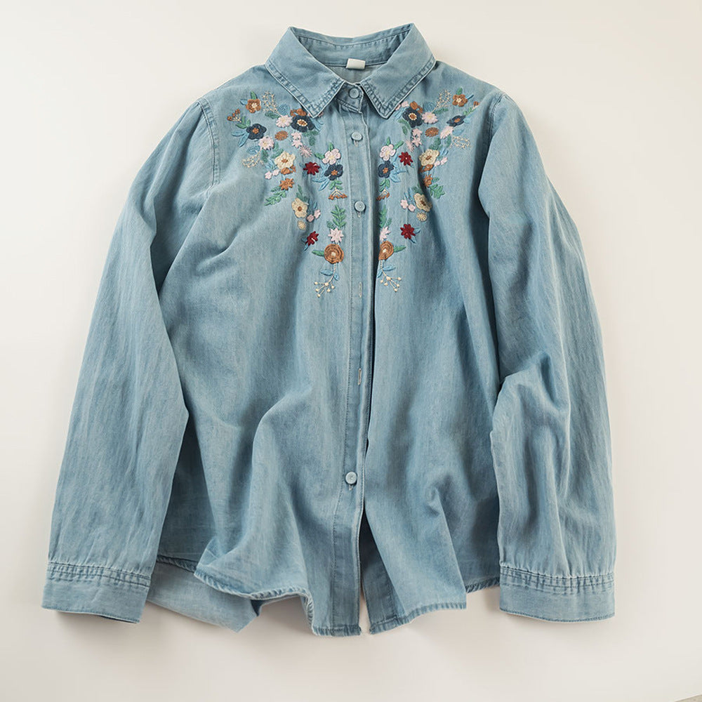 Women's Embroidery Washed Denim Long-sleeved Shirt