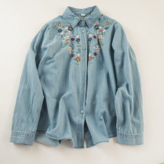 Women's Embroidery Washed Denim Long-sleeved Shirt