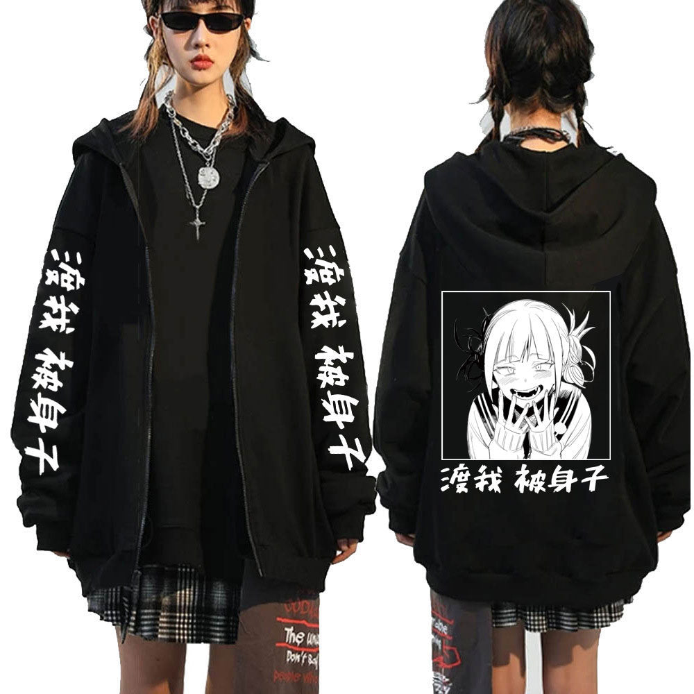 Unisex Casual Anime Printed Zipper Black Hoodie