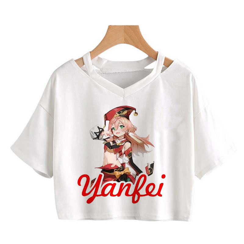 Cute Girls Hutao Game Print Cropped T-shirt