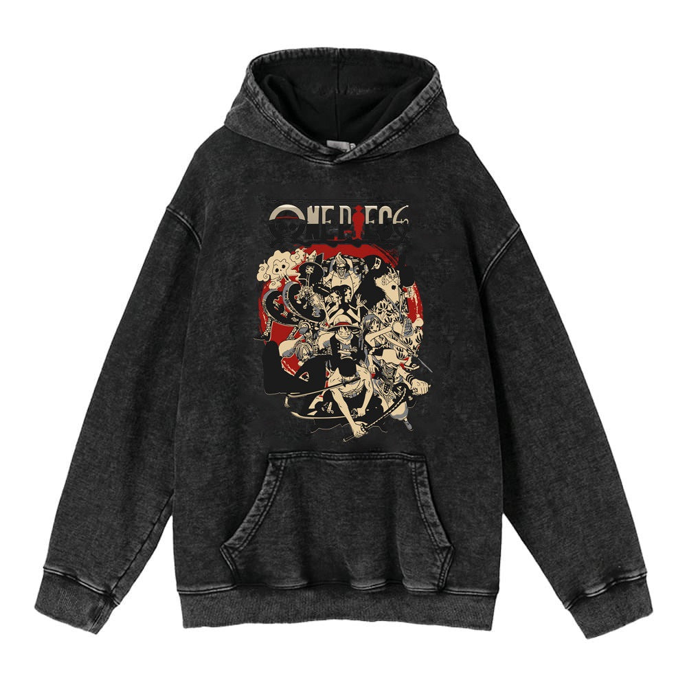 Retro Anime Printed Pullover Washed Hoodie