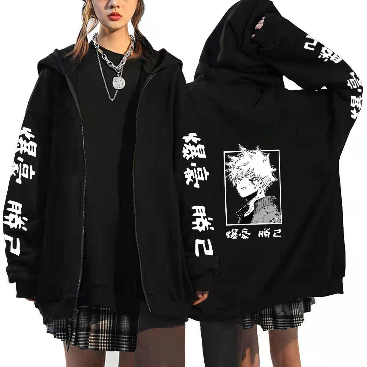 Unisex Anime Printed Black Zipper Loose Hoodie