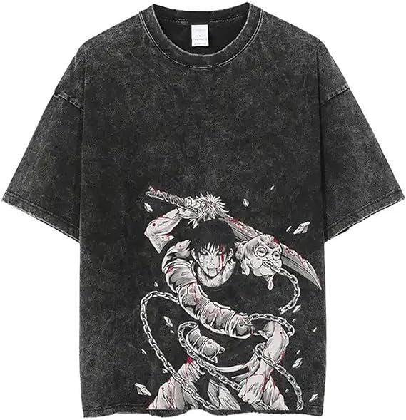 Casual Retro Washed Anime Graphic T-shirt