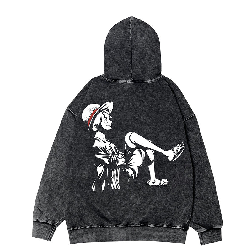 Retro Luffy Anime Zipper Washed Hooded Jacket