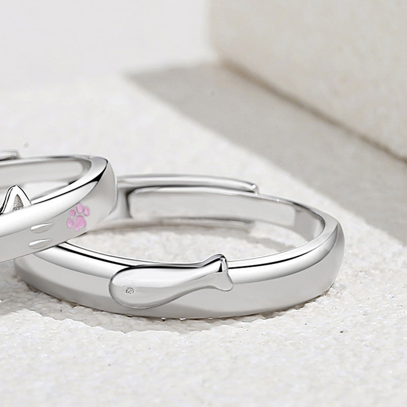 Cat and Fish Couple Silver Ring